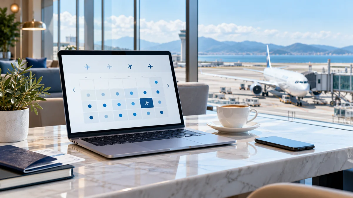 Notebook com calendário ilustrativo de voos em uma sala de aeroporto