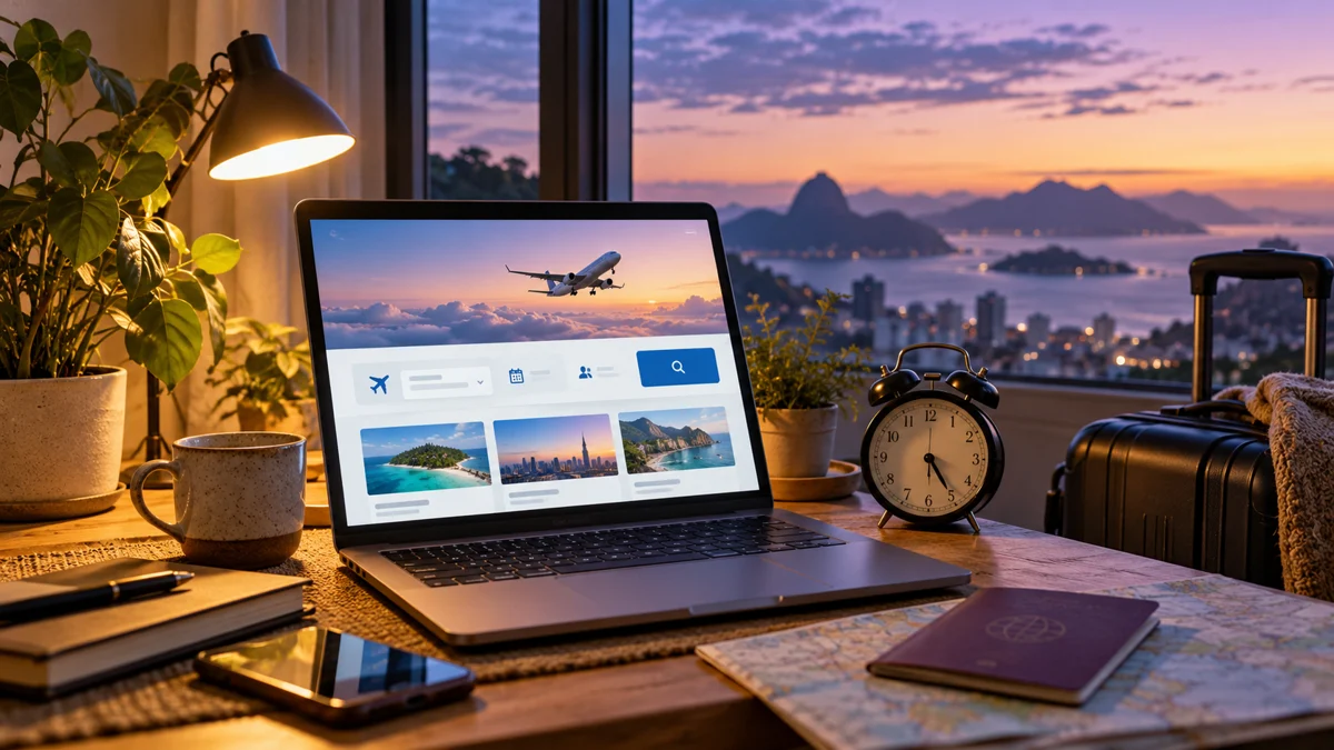 Notebook com pesquisa ilustrativa de viagens e relógio ao amanhecer